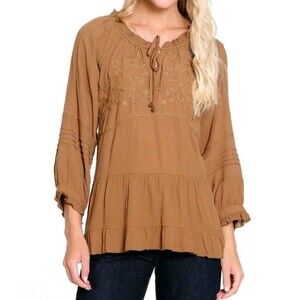 John Mark Embroidered Tiered Tunic Top Blouse Womens Size Large Boho Peasant